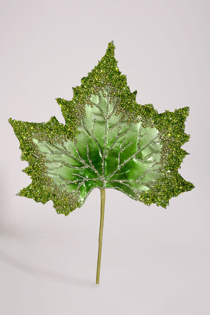 14" Beaded Faux Leather Leaf Ornament Green