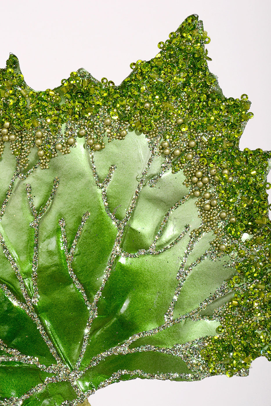 14" Beaded Faux Leather Leaf Ornament Green