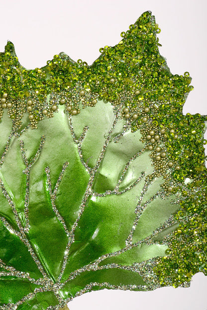 14" Beaded Faux Leather Leaf Ornament Green