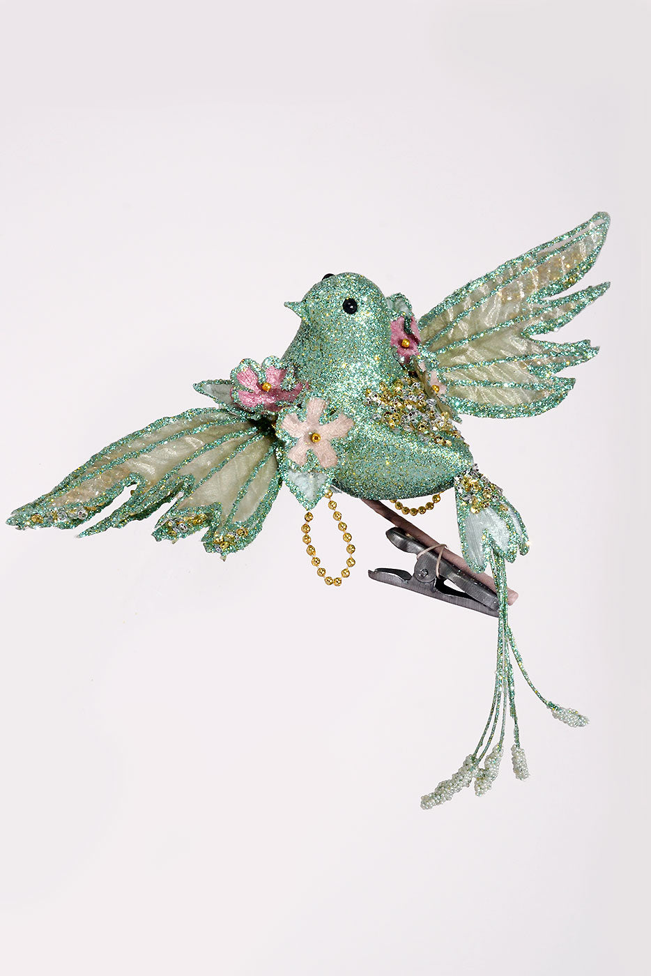 10" Glitter/Pearl Flower Bird Ornament Mint Green