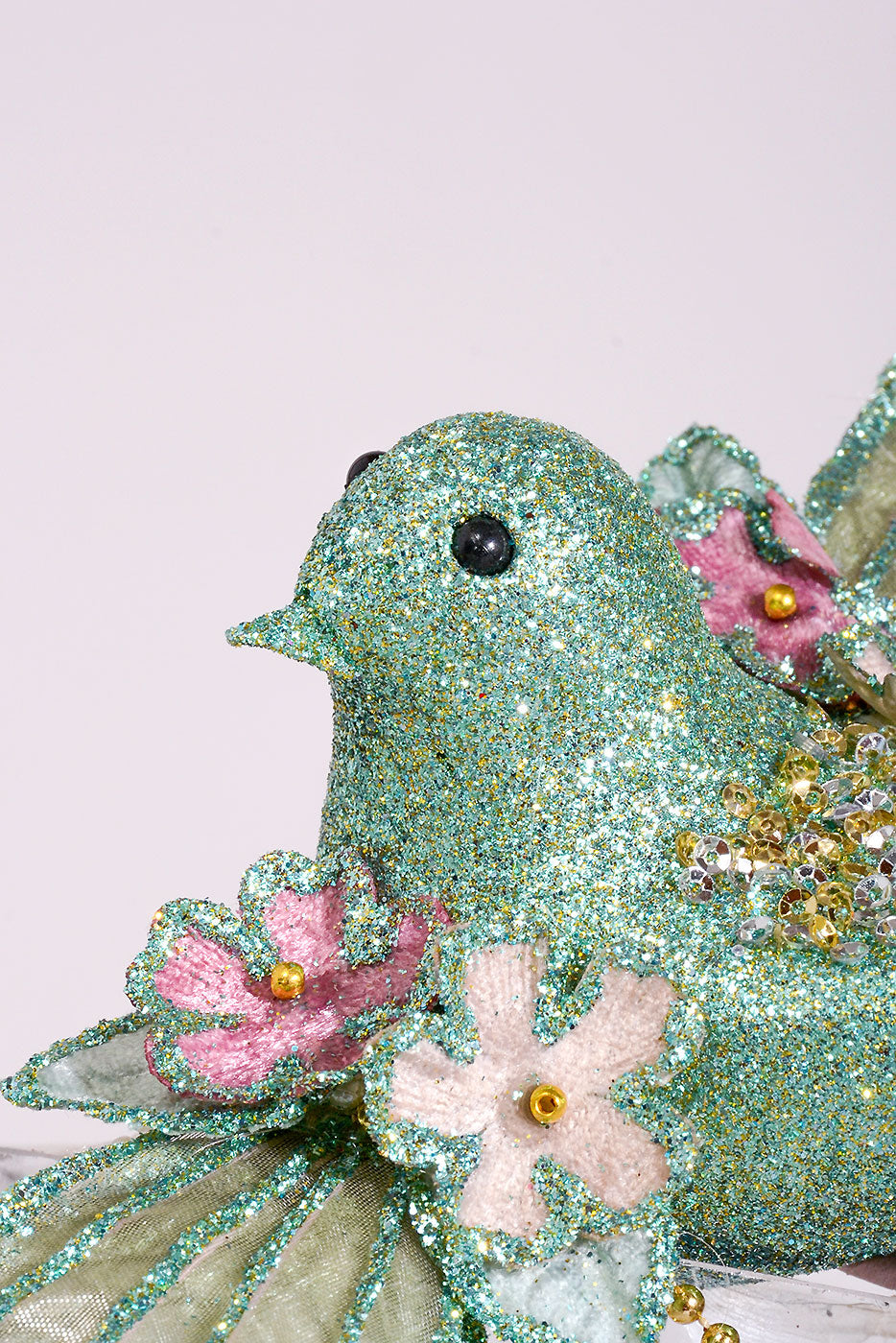 10" Glitter/Pearl Flower Bird Ornament Mint Green