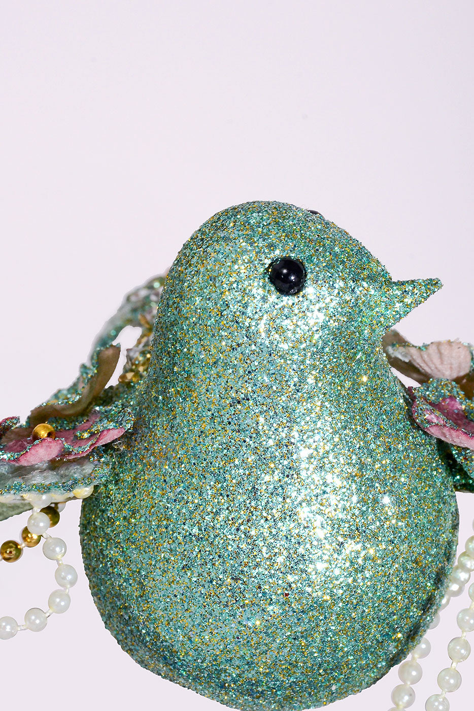 10" Glitter/Pearl Flower Bird Ornament Mint Green