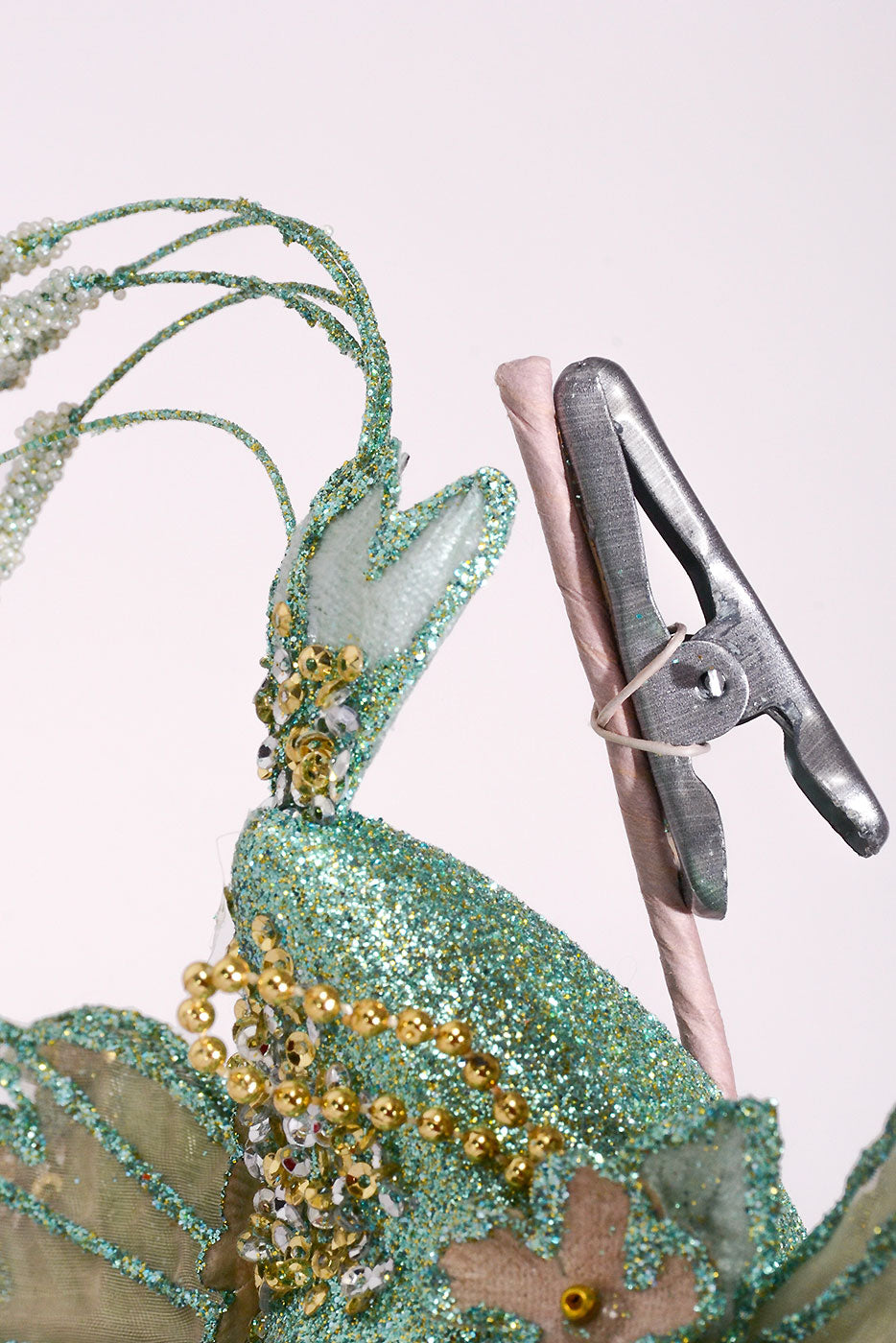 10" Glitter/Pearl Flower Bird Ornament Mint Green