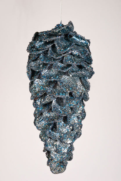 11" Iced W/Glitter Jewel Pinecone Ornament Dark Blue/Silver