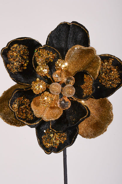 28" Iced With Jewel Encrusted Magnolia Stem Black/Gold