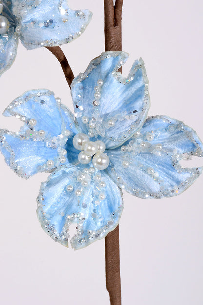 36" Glitter Dogwood Spray Light Blue