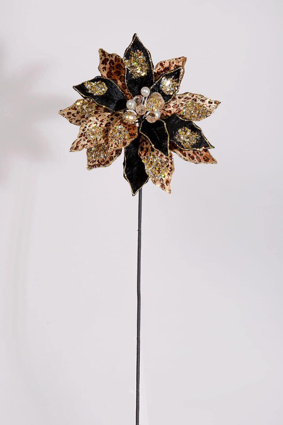 28&quot; Glitter/Jewel Safari Poinsettia Stem Black/Gold