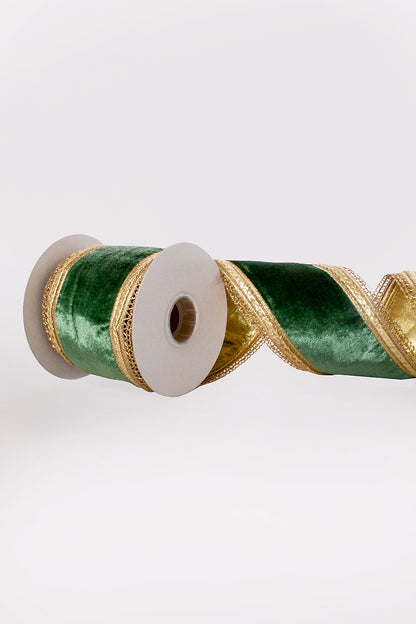 4" X 5Yds Wired Royalty Velvet With Gold Edge Ribbon Green