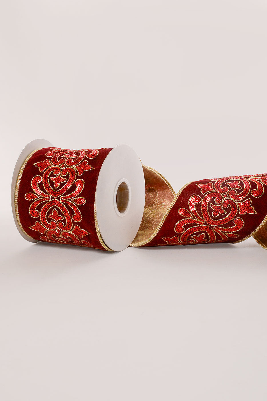 4" X 5Yds Wired Sequin Scroll Velvet Ribbon Burgundy