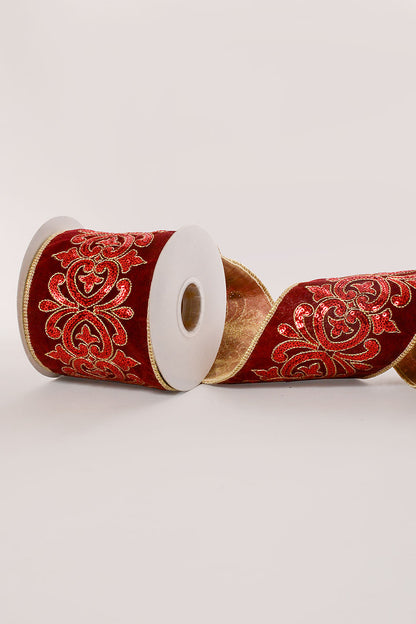 4" X 5Yds Wired Sequin Scroll Velvet Ribbon Burgundy