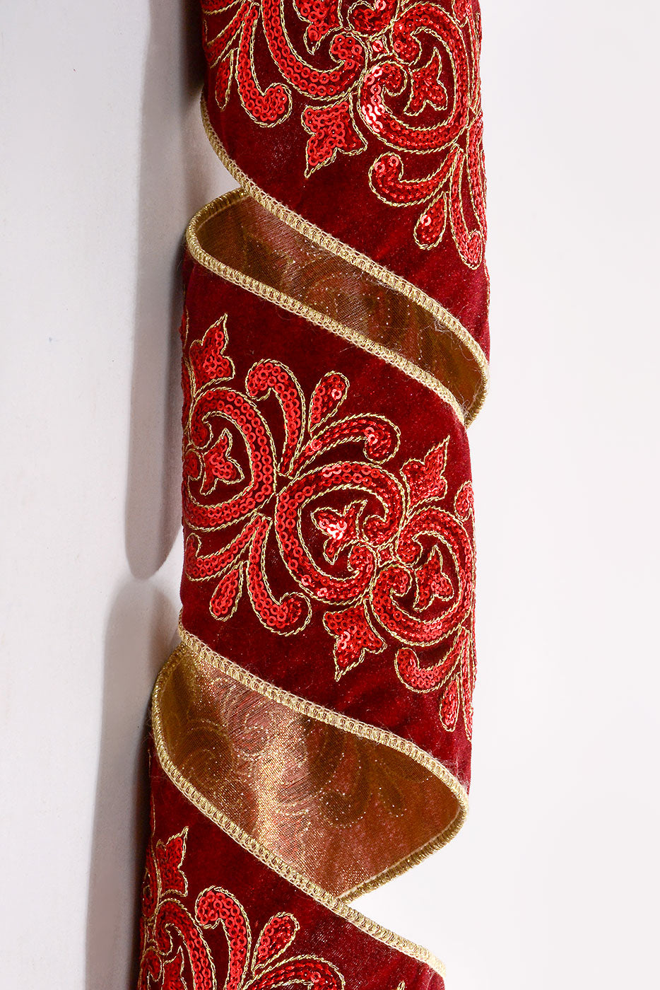 4" X 5Yds Wired Sequin Scroll Velvet Ribbon Burgundy