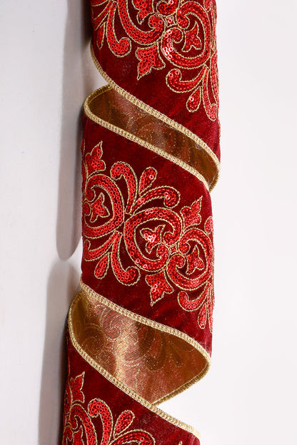 4" X 5Yds Wired Sequin Scroll Velvet Ribbon Burgundy