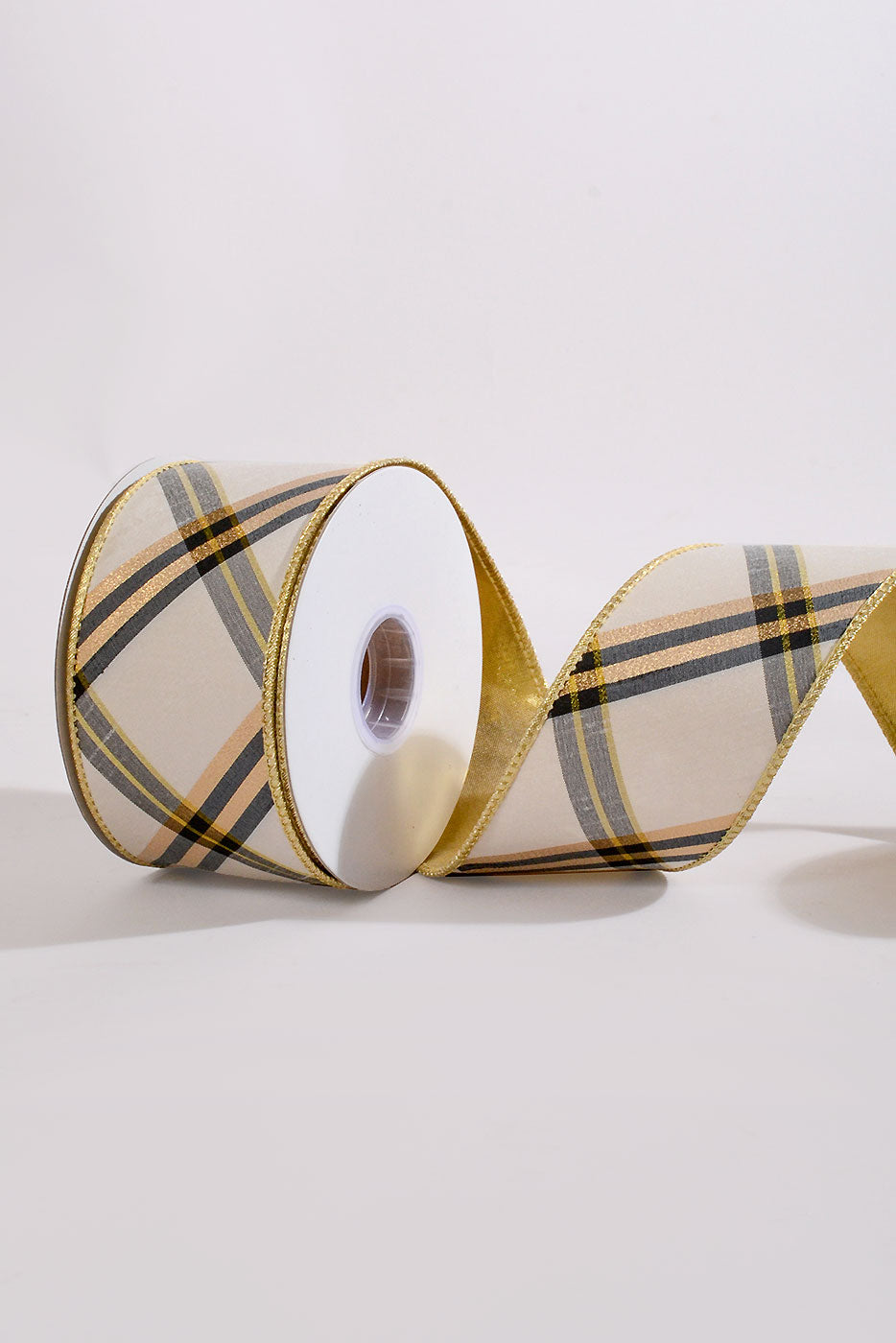 2.5" X 10Yds Wired Plaid Dupion Stripe Ribbon Cream/Gold