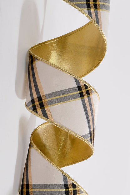 2.5" X 10Yds Wired Plaid Dupion Stripe Ribbon Cream/Gold