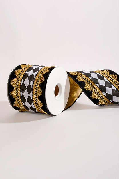 4" X 5Yds Wired Center Diamond With Brocade Velvet Black/White