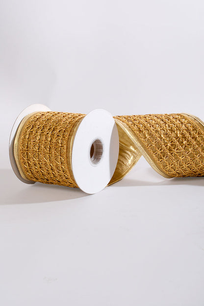 4" X 5Yds Wired Mesh Metallic Dupion Ribbon Gold