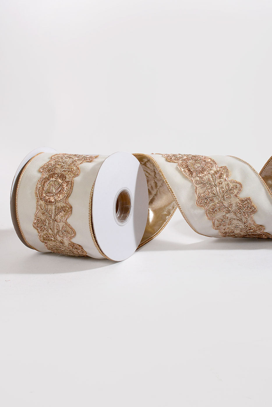 4" X 5Yds Wired Metallic Velvet With Flower Trim Ribbon Ivory/Champagne