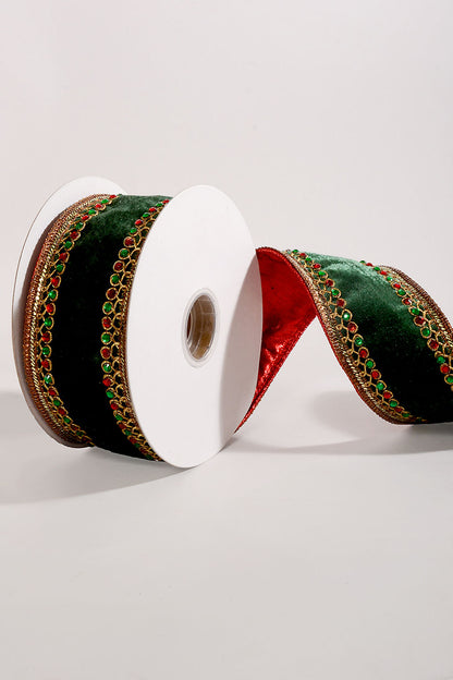 2.5" X 5Yds Wired Jewel Edge Velvet Ribbon Green