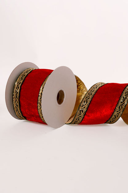 4" X 5Yds Wired Double Sided Sequin Trim Velvet Ribbon Red/Gold