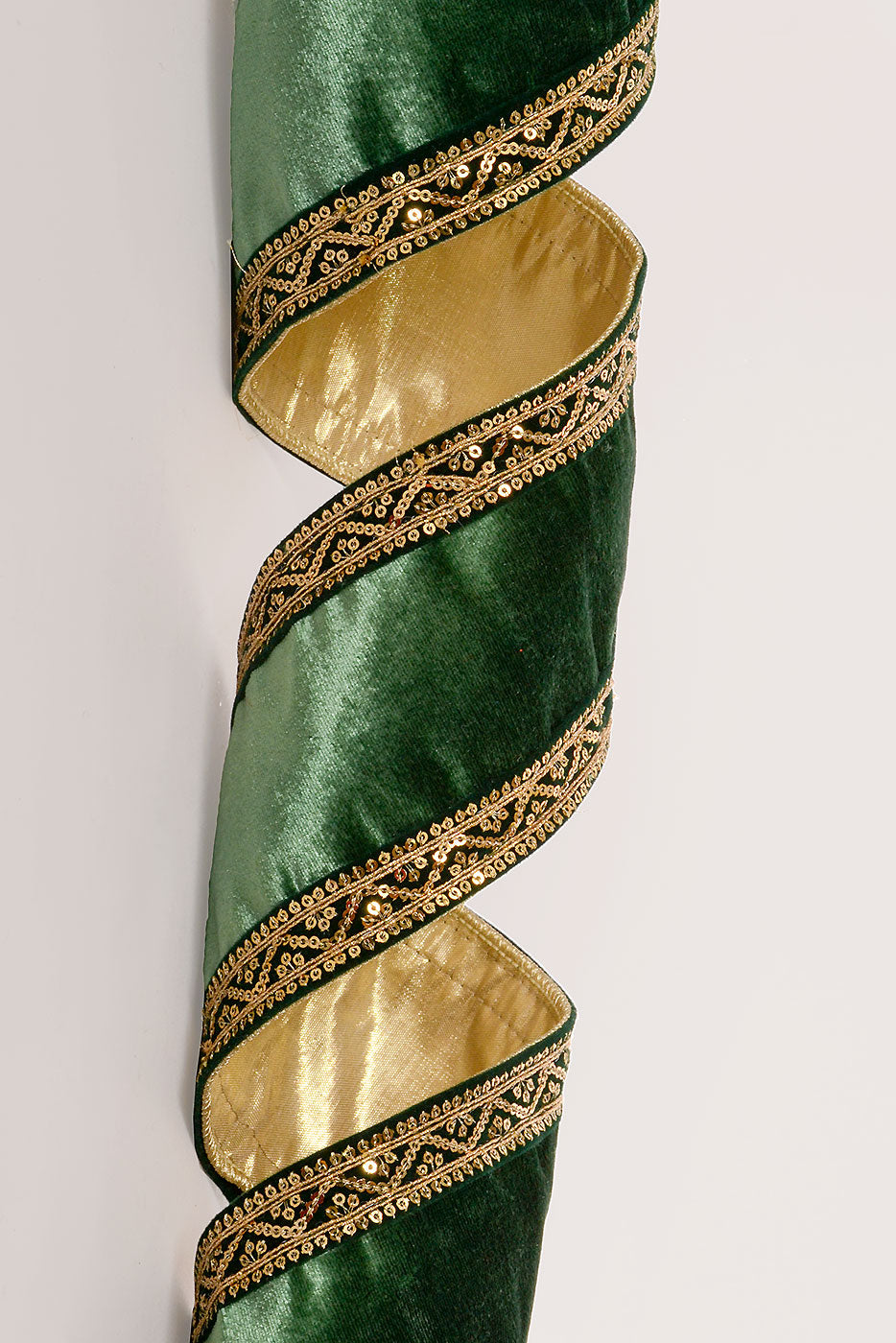 4" X 5Yds Wired Double Sided Sequin Trim Velvet Ribbon Green/Gold