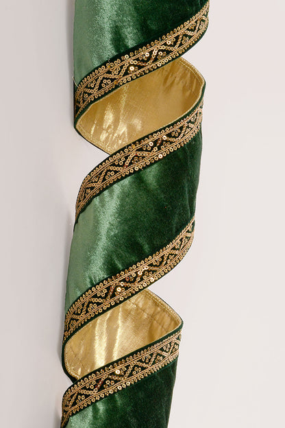4" X 5Yds Wired Double Sided Sequin Trim Velvet Ribbon Green/Gold