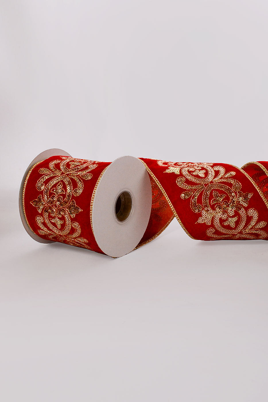 4" X 5Yds Wired Sequin Scroll Velvet Ribbon Red