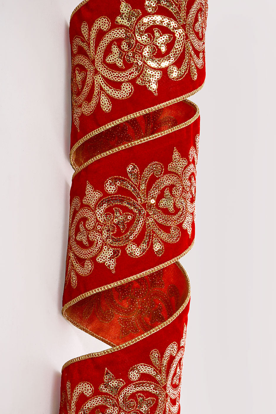 4" X 5Yds Wired Sequin Scroll Velvet Ribbon Red