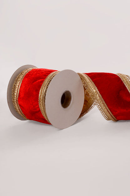 4" X 5Yds Wired Royalty Velvet With Gold Edge Ribbon Red