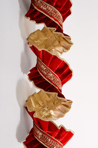 4" X 5Yds Wired Pleated Velvet With Trim Ribbon Red/Gold