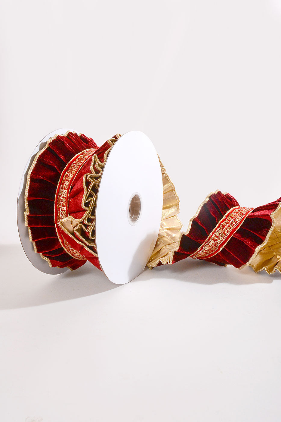 4" X 5Yds Wired Pleated Velvet With Trim Ribbon Burgundy/Gold