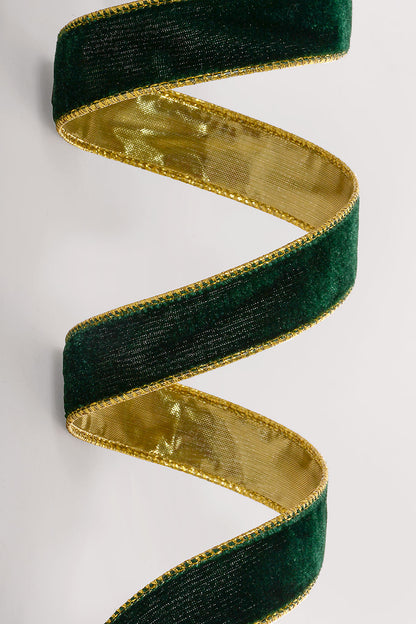 1" X 20Yds Wired Velvet Ribbon with Metallic Edge Green