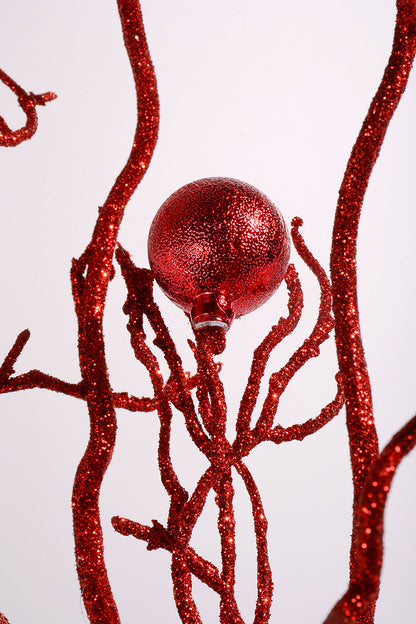 42" Ball And Glitter Twig Red Spray