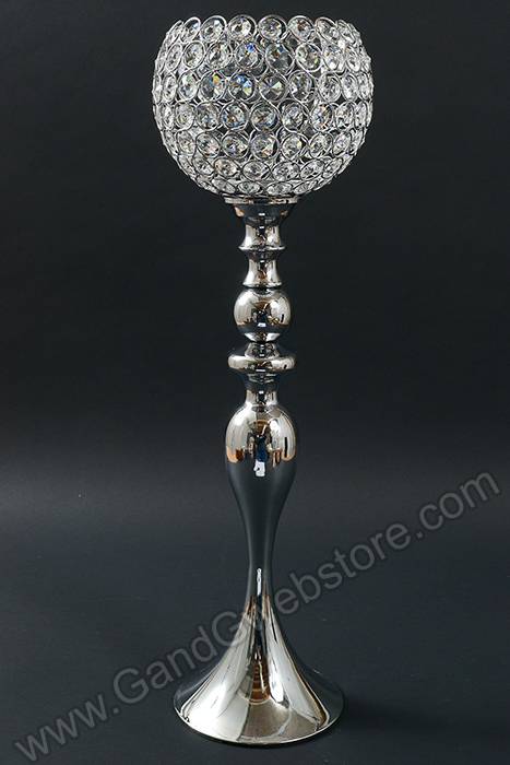 26.5" Crystal Bead Candle Holder Silver