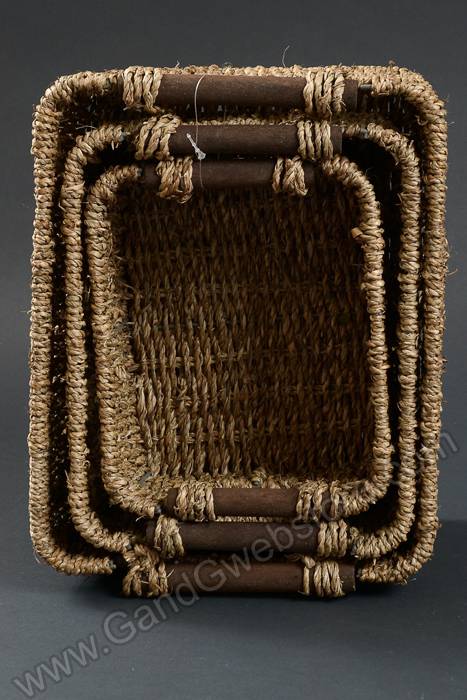 9"/10"/12" Squared Iron Basket W/hemp Rope Brown Set/3