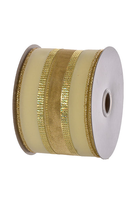 2.5" X 10Yds Wired Velvet Edge Firefly Center Ribbon Ivory/Gold
