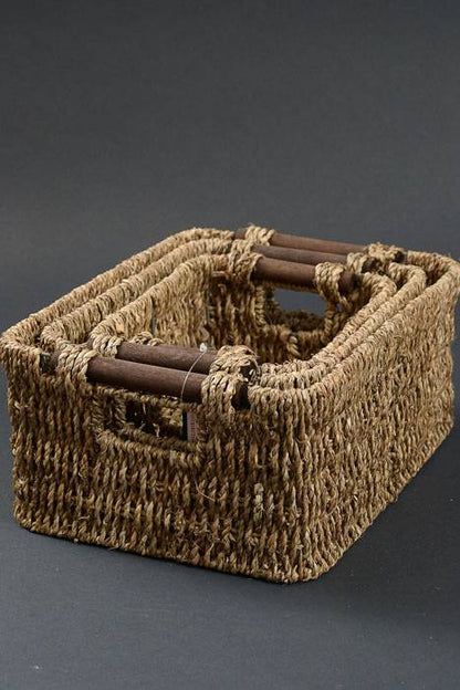 9"/10"/12" Squared Iron Basket W/hemp Rope Brown Set/3