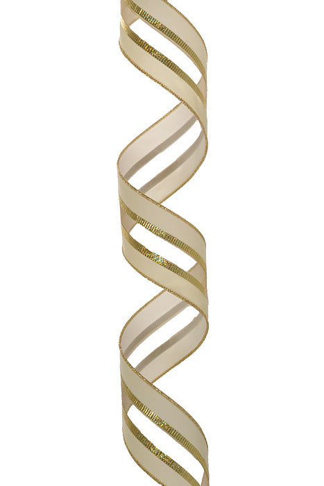 2.5" X 10Yds Wired Velvet Edge Firefly Center Ribbon Ivory/Gold