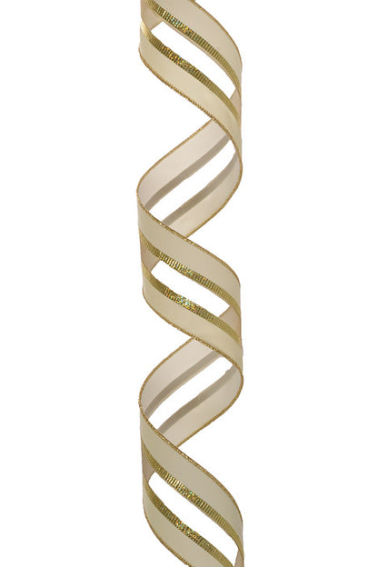 2.5" X 10Yds Wired Velvet Edge Firefly Center Ribbon Ivory/Gold