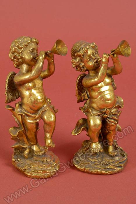 8" Resin Cherub W/trumpet Antique Gold Set/2
