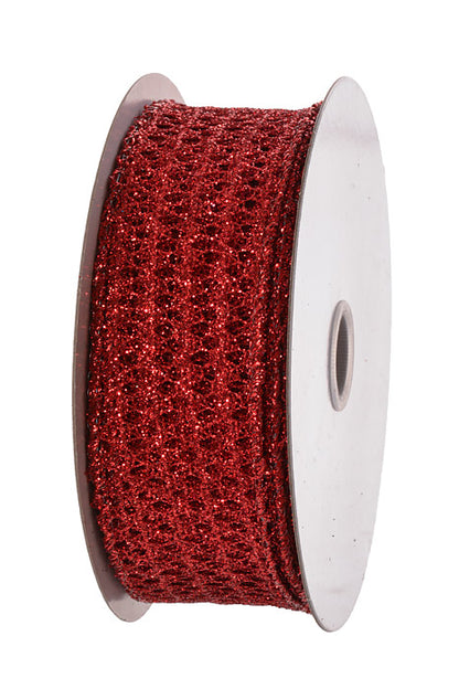 1.5" X 10Yds Wired Squiggle Glitter Net Ribbon Red
