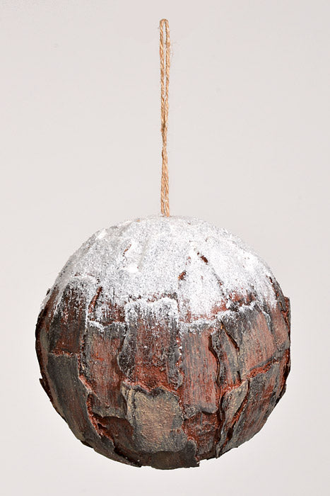 6" Bark Ball With Snow Brown/White