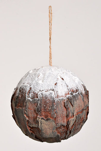 6" Bark Ball With Snow Brown/White