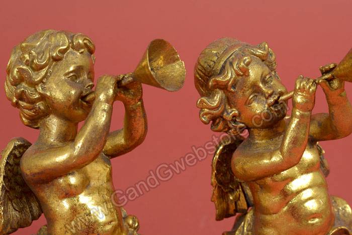 8" Resin Cherub W/trumpet Antique Gold Set/2