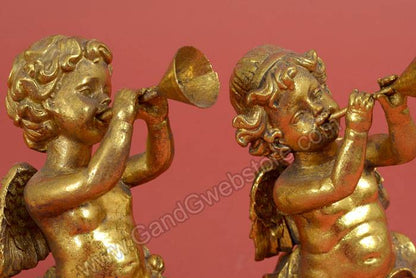 8" Resin Cherub W/trumpet Antique Gold Set/2