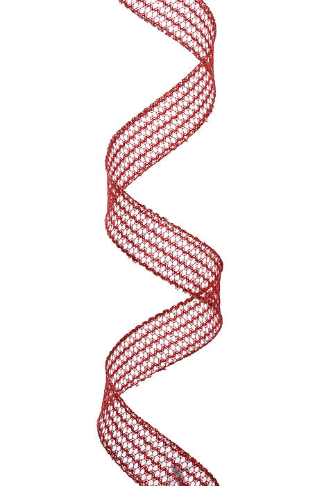 1.5" X 10Yds Wired Squiggle Glitter Net Ribbon Red