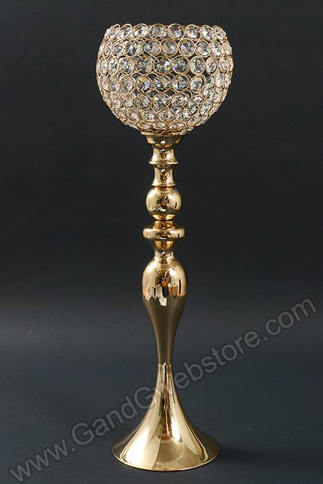 26.5&quot; Crystal Bead Candle Holder Gold