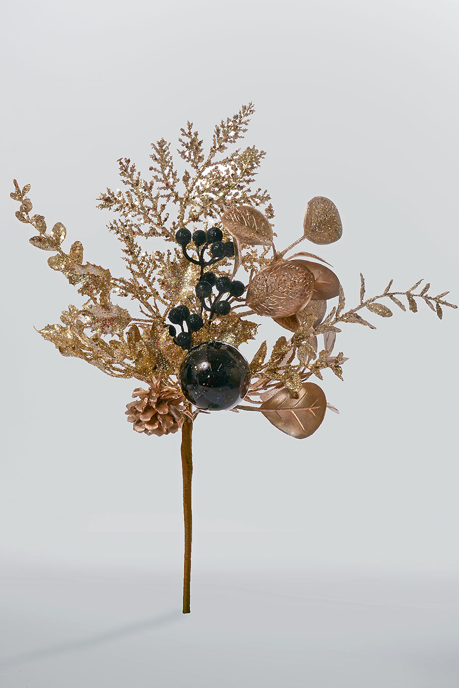 18" Glitter leaf Berry Cone Pick Gold/Champagne/Black