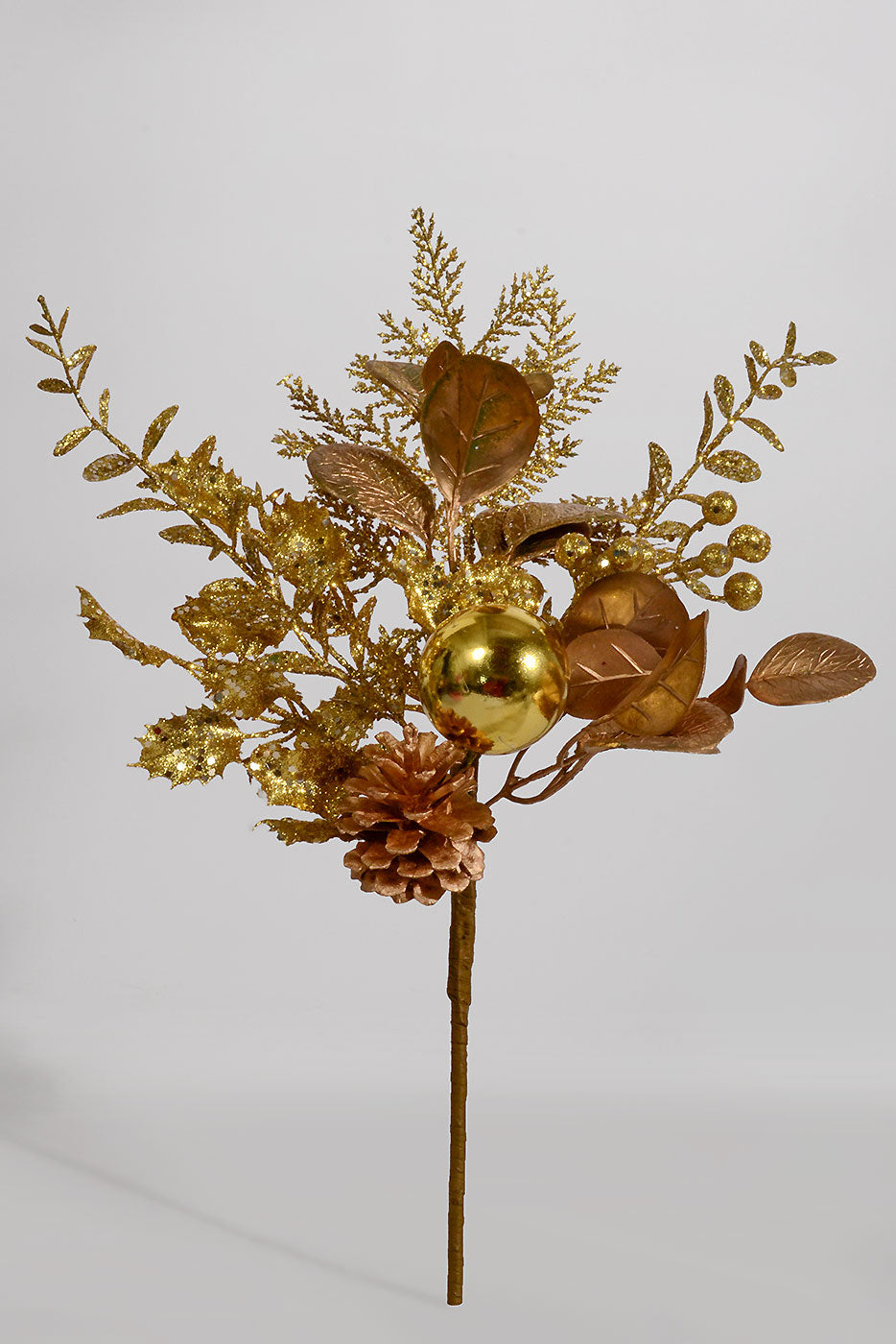 18" Glitter leaf Berry Cone Pick Gold
