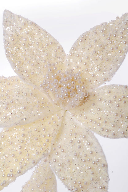 28" Triple Pearl Glitter Poinsettia Stem Pearl/Ivory