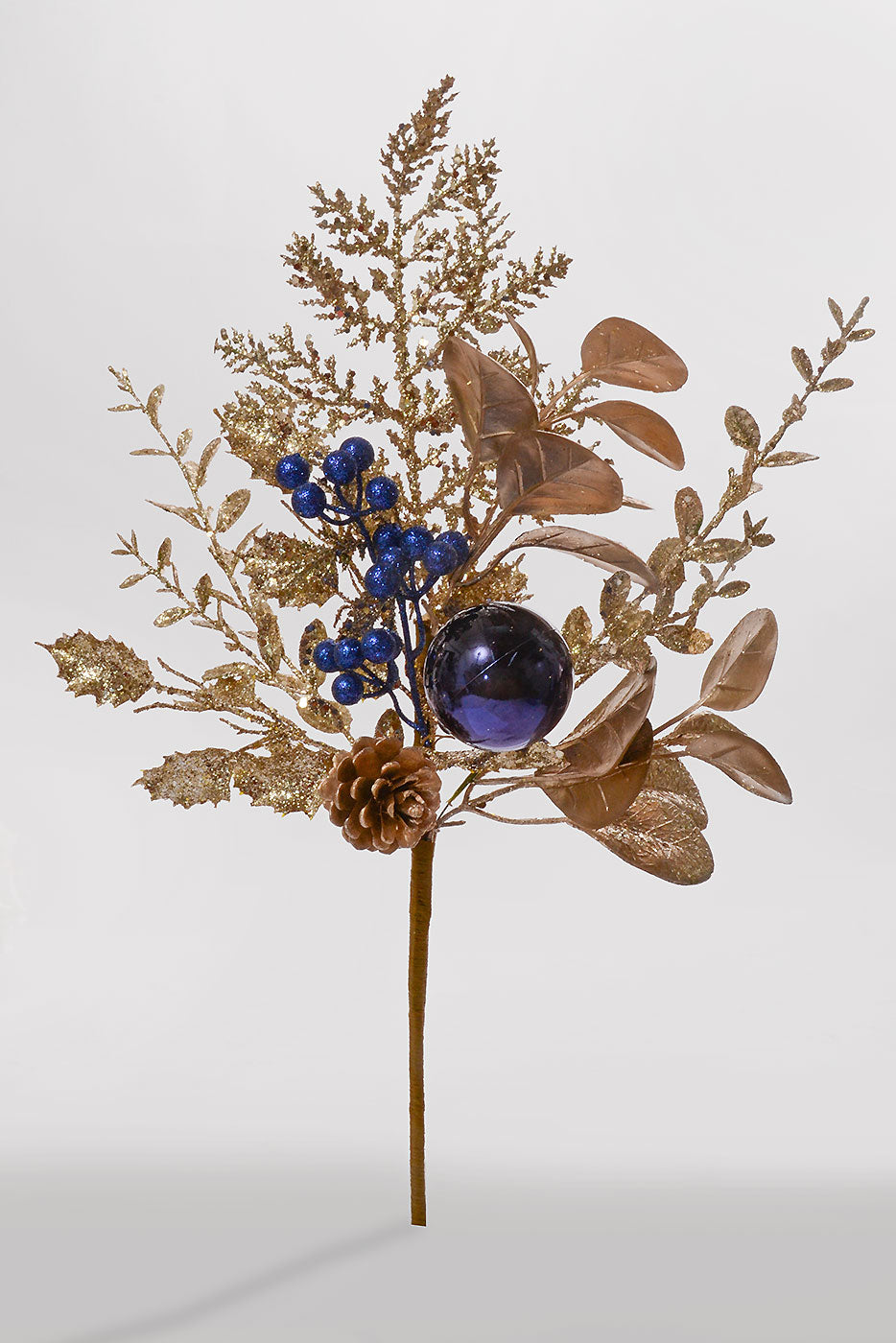 18" Glitter leaf Berry Cone Pick Dark Blue/Champagne